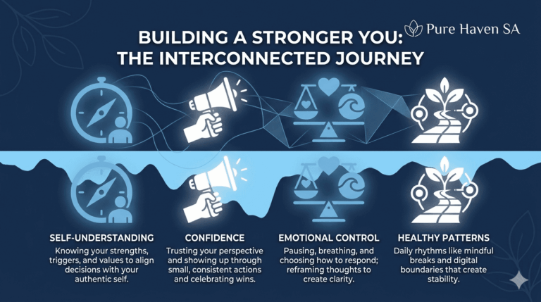 Pure Haven SA infographic showcasing the four pillars of personal growth: self-understanding, confidence, emotional control, and healthy patterns.