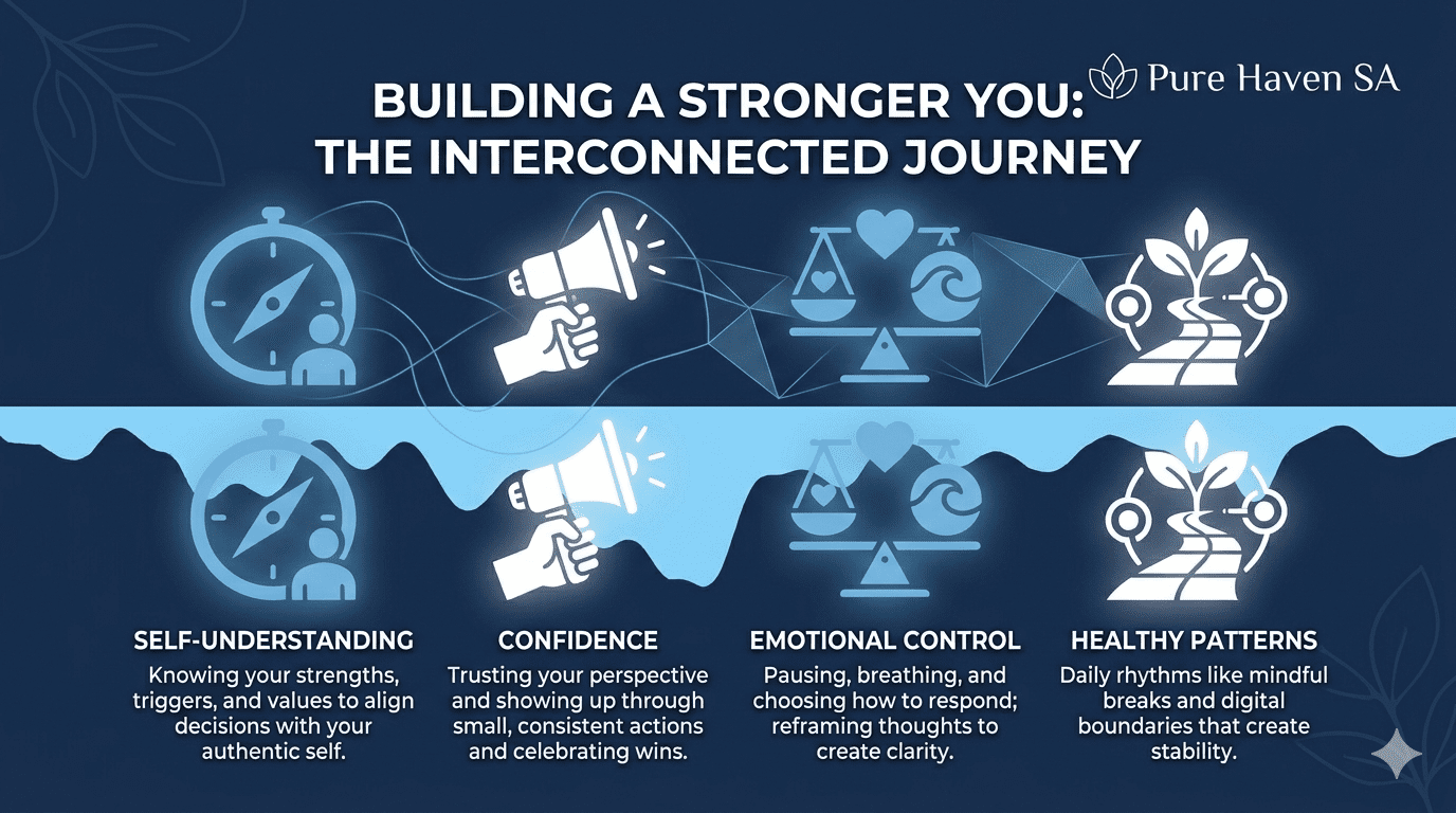 Pure Haven SA infographic showcasing the four pillars of personal growth: self-understanding, confidence, emotional control, and healthy patterns.