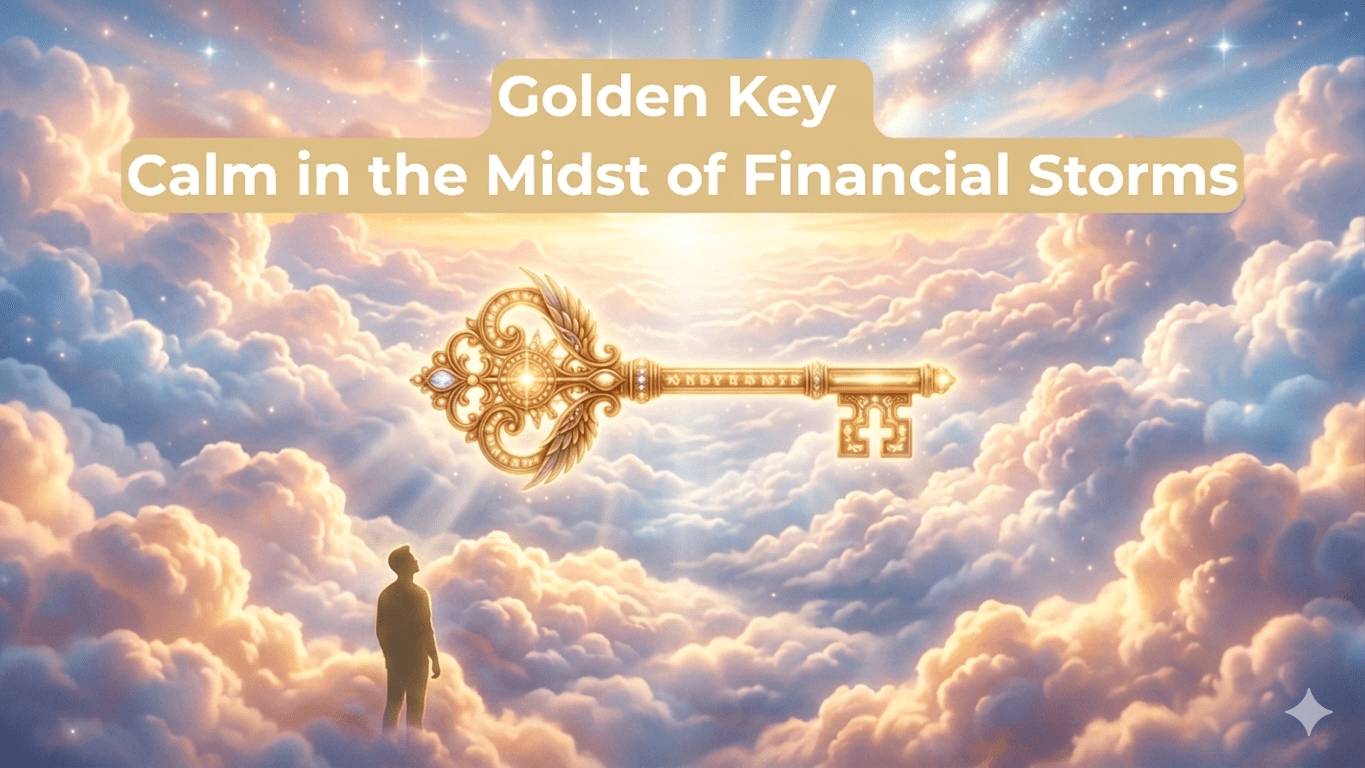 Golden key in the clouds symbolizing hope, financial wellbeing, and calm during financial stress