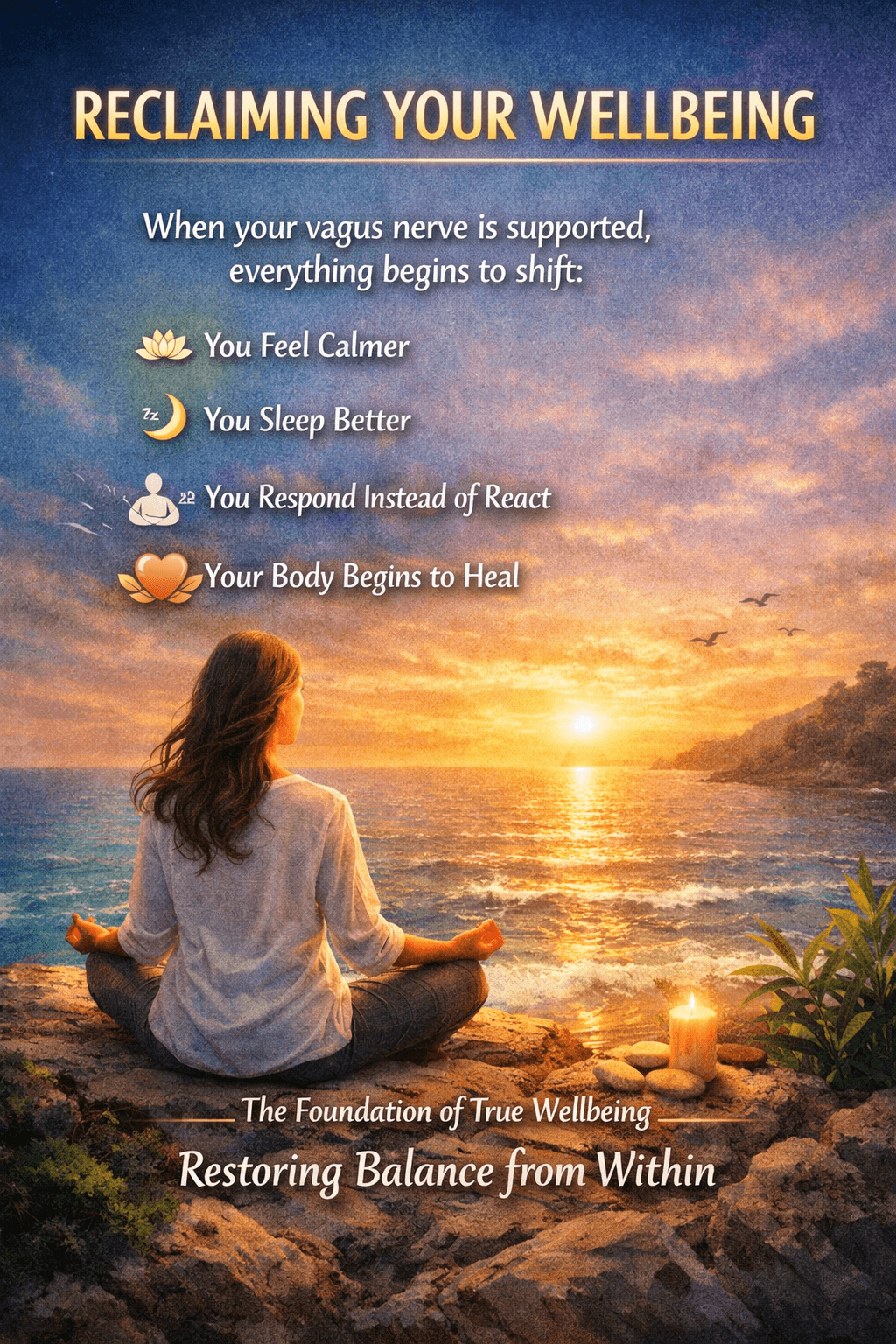 Person meditating on cliff at sunset with wellbeing message.