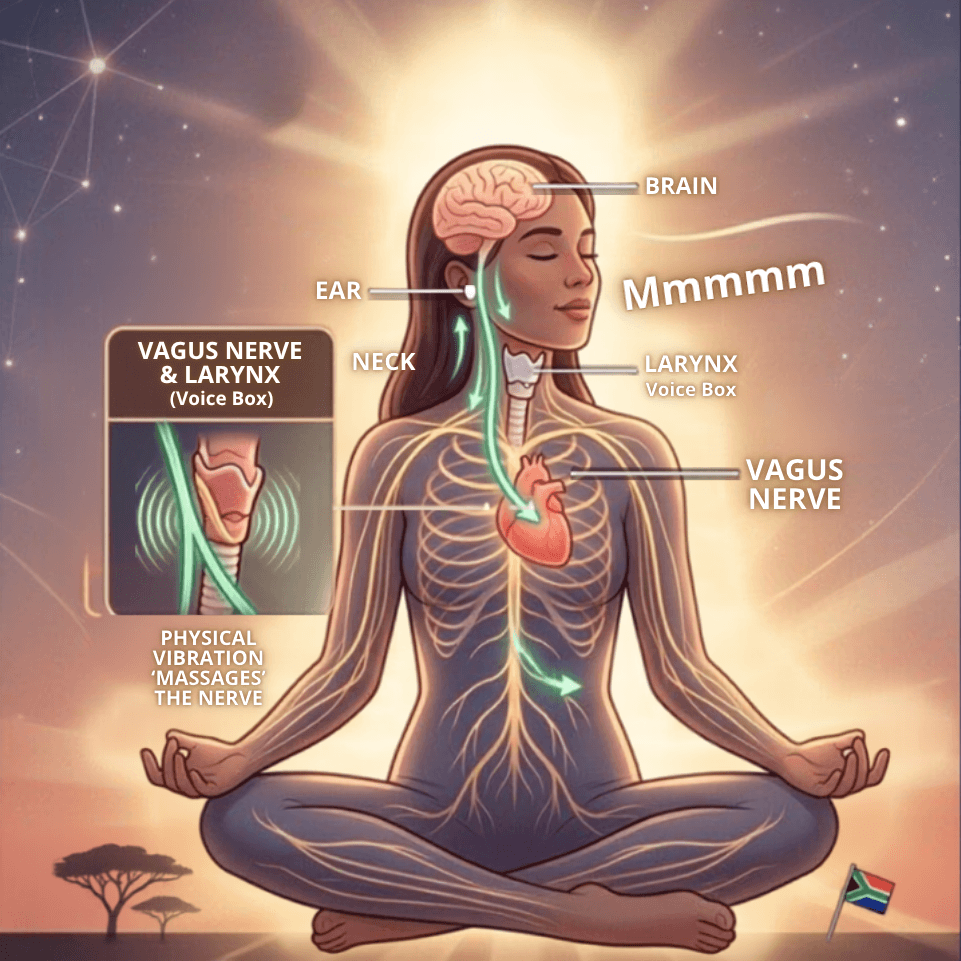 An anatomical illustration of a woman meditating in a cross-legged position with her eyes closed, showcasing the path of the vagus nerve from the brain, past the ear, neck, and larynx down to the heart and stomach, featuring a South African flag in the corner.